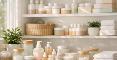 A beautifully organized spa shelf featuring clear acrylic containers, glass jars, and neatly arranged professional beauty products, exemplifying pretty and aesthetic product storage solutions.