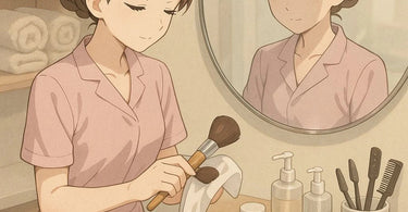 A professional aesthetician visibly cleaning a makeup brush at a spa station with a client in the background