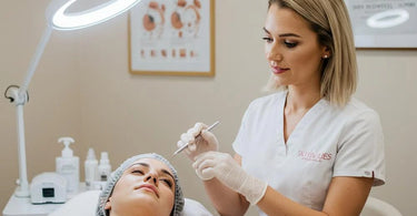 Esthetician performing a skin analysis with confidence