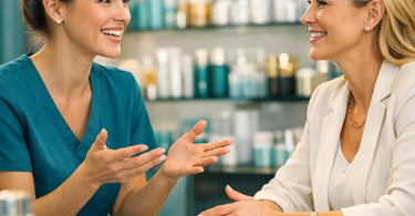 A spa professional engaging in a warm, focused consultation with a client, both smiling and discussing treatment options.