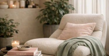 A serene and beautifully curated reading nook in a modern spa waiting area, featuring a plush armchair, stylish floor lamp, and curated books on a side table.