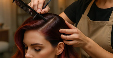 Professional hairstylist creating a dramatic deep side part transformation on client hair