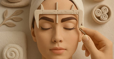 Expert brow mapping technique showing precise measurements on a woman's face for perfect eyebrow shaping
