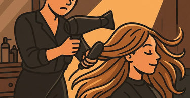 A hairstylist performing a final blow-dry on a client's hair, showcasing smooth, shiny results and a focused, professional technique.