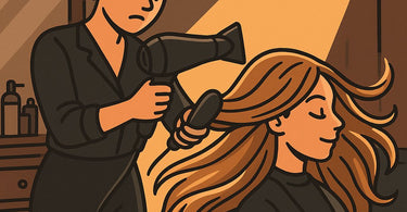 A hairstylist performing a final blow-dry on a client's hair, showcasing smooth, shiny results and a focused, professional technique.