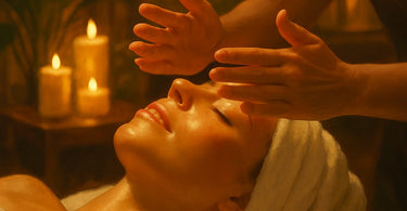 Close-up of an esthetician's hands performing light tapotement massage on a client's cheek and jawline in a professional spa setting.
