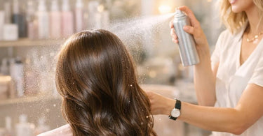 A hairstylist applying a fine mist of hairspray from a professional distance to finish a client's soft, voluminous blowout.