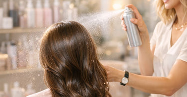 A hairstylist applying a fine mist of hairspray from a professional distance to finish a client's soft, voluminous blowout.