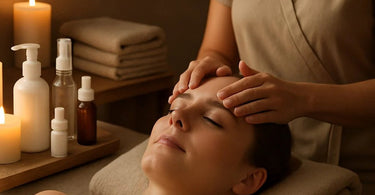 Aesthetician sending a thoughtful text message to a spa client with skincare products in the background