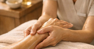 A spa professional performing a detailed hand and arm massage on a client, using warm oil, in a serene treatment room.