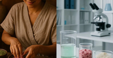 Spa professional carefully hand-blending custom treatment formula versus pre-measured professional products