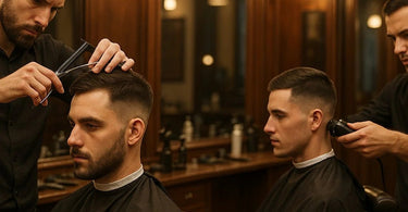 Professional barber performing a scissor-over-comb technique on a client's hair in a modern barbershop setting