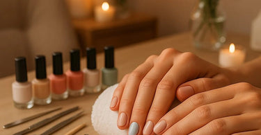 A beauty professional performing a quick mini-manicure on a client's nails in a modern salon setting