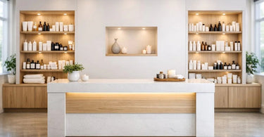 A clean, modern and minimalist spa reception desk featuring a computer, a small plant, and neatly organized retail products, embodying the art of the minimalist front desk.