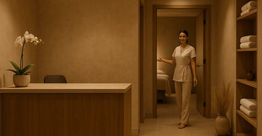 Spa professional gracefully guiding a client from the reception area towards the treatment rooms
