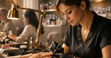 A nail technician's hands efficiently performing a polish change on a client's hand in a clean, organized, and modern salon station.