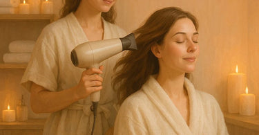 Professional stylist performing a silent blow-dry service in a serene spa environment