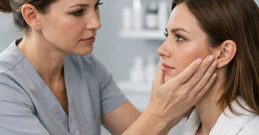 A beauty professional smiling during a consultation with a client, holding a color swatch near the client's face to demonstrate a strategic compliment in action.