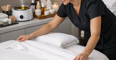 Professional aesthetician gently recommending a facial add-on service to a relaxed client in a spa treatment room, illustrating the art of the upsell.