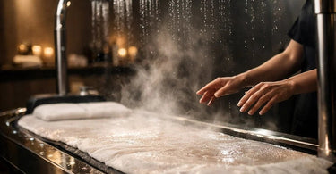 A luxurious spa wet table prepared for a body treatment, featuring a seamless surface and integrated drainage.