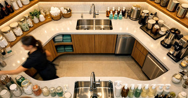 A well-organized and efficient spa back bar setup with neatly arranged products, labeled containers, and tools, illustrating a step-saving layout for professionals.