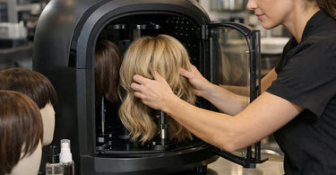 Professional wig dryer machine on a salon counter, showcasing a mannequin head with a styled wig inside the clear drying hood, emphasizing efficiency and hands-free styling.