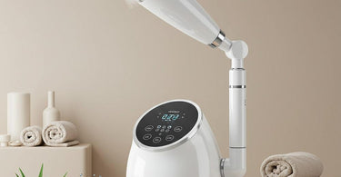 Professional facial steamer emitting gentle mist during a spa treatment
