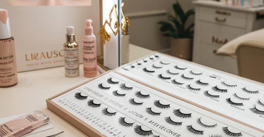 Close-up of a model with beautifully styled lash extensions showcasing different curl types for various eye shapes.