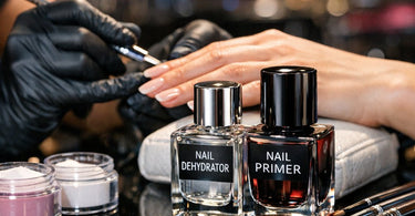 Close-up of professional nail technician applying nail dehydrator and primer from Pure Spa Direct for perfect acrylic nail prep