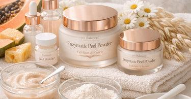 Close-up of a gentle enzymatic peel powder being mixed in a spa bowl, with fresh fruit slices representing natural enzymes, suitable for sensitive skin treatments.