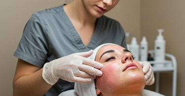 Esthetician performing a gentle waxing treatment on a client with rosacea-prone skin