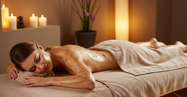 A luxurious full body scrub treatment setup with sugar scrubs, salt scrubs, and spa tools