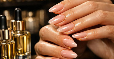 Close-up of a professional applying cuticle oil with a brush to dry, damaged nails during a salon manicure treatment