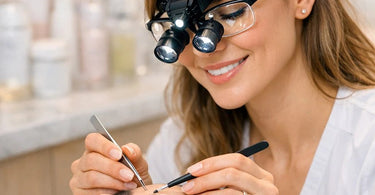 A beauty professional wearing mag-light loupes while performing precise eyelash extension work on a client.