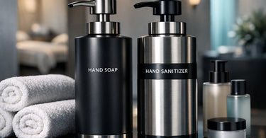 Stylish refillable hand soap and sanitizer dispensers in a modern spa setting
