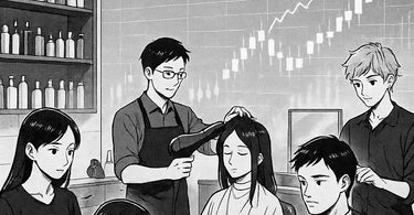 Happy spa owner reviewing subscription revenue with smiling clients enjoying salon services in background