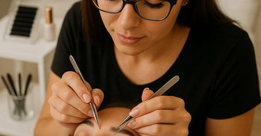 Close-up of a lash artist's hands applying mega volume lash extensions to a client's eye