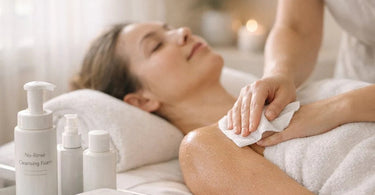 A spa professional gently performing a warm, waterless cleansing treatment for a client in a comfortable bedside setting, featuring no-rinse products and soft towels.