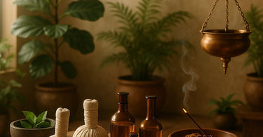 Spa professional performing Ayurvedic massage with herbal oils in a serene treatment room