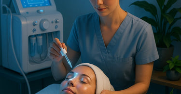 A woman holding a smartphone, with a soft glow of blue light illuminating her face, symbolizing daily screen exposure.