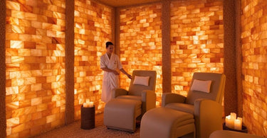 A serene salt therapy room with Himalayan salt walls and comfortable seating