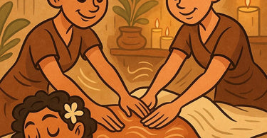 Two massage therapists performing synchronized four-hand massage on client in spa setting