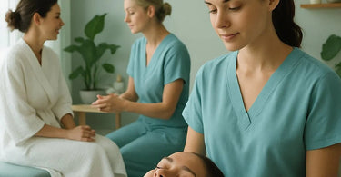 A serene spa treatment room with a phone placed in a decorative basket away from the massage table, symbolizing a peaceful digital detox.