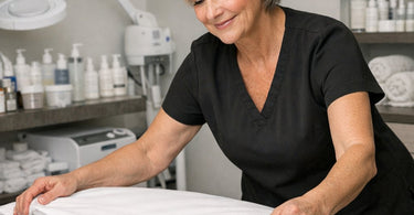 A serene spa treatment room featuring a professional mature esthetician providing a facial service to a relaxed client, highlighting trust, experience, and professional skincare techniques.