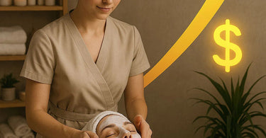 Spa owner reviewing pricing strategy with luxury massage oils and waxing supplies visible