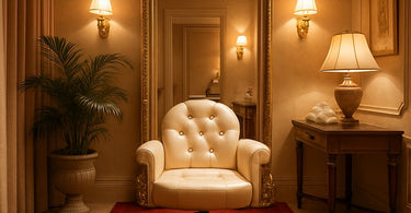 Elegant salon setting showing a client's joyful walk from a styling chair to a large mirror