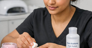 A science-meets-beauty illustration showing the chemical reaction of non-acetone remover gently breaking down dip powder polymers on a nail.