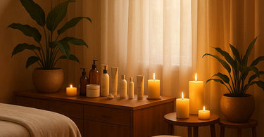 A compassionate esthetician consulting with a client, reviewing skincare products, in a safe and professional spa environment.