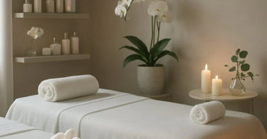 A relaxed spa client smiling confidently while wrapped in a plush towel, representing the perfect pre-event transformation