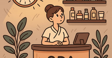 A frustrated but hopeful spa owner looking at a clock, with creative scheduling tools visible in the background